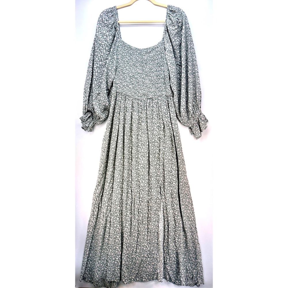 Green Floral Smocked Puff Sleeve Maxi Dress Sz S Cottagecore Prairie Airy Boho